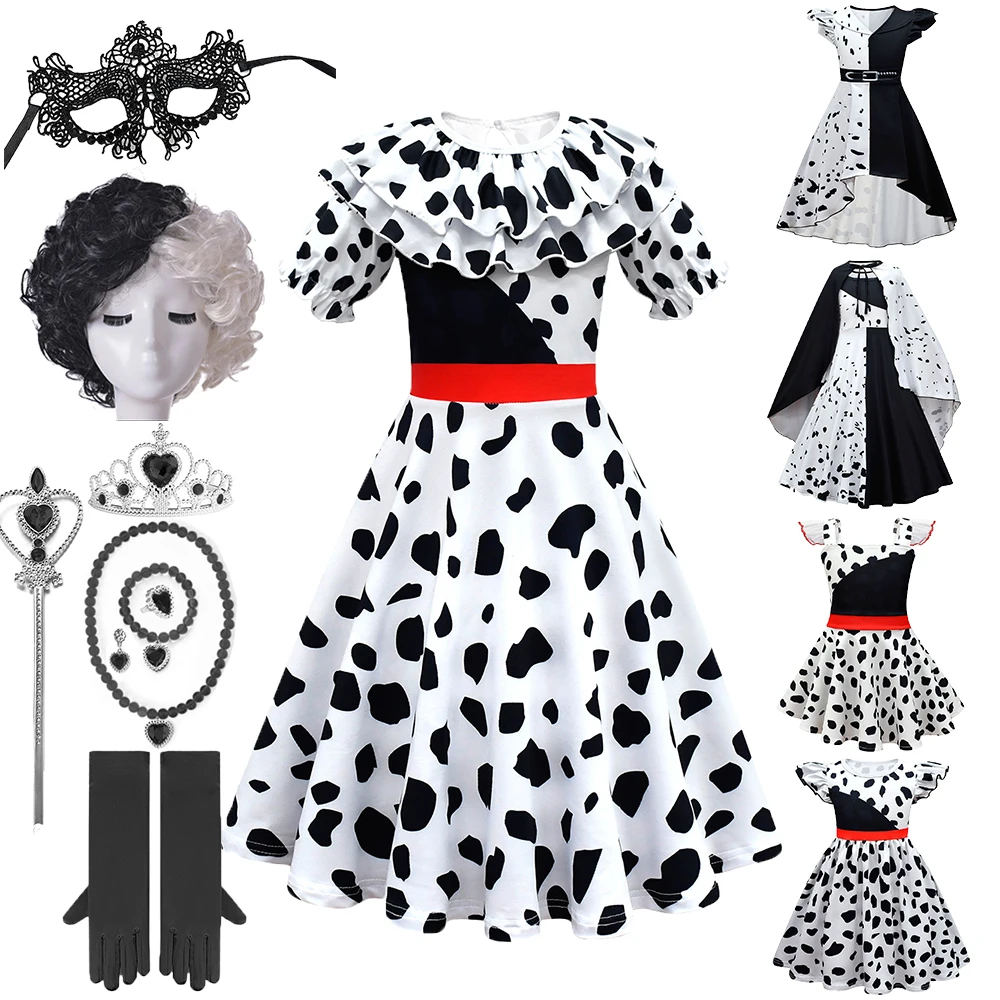 

Halloween Carnival Children Cruella Cosplay Costume Masquerade Party Fancy Girls Witch White Black Dress Vintage Long Dresses