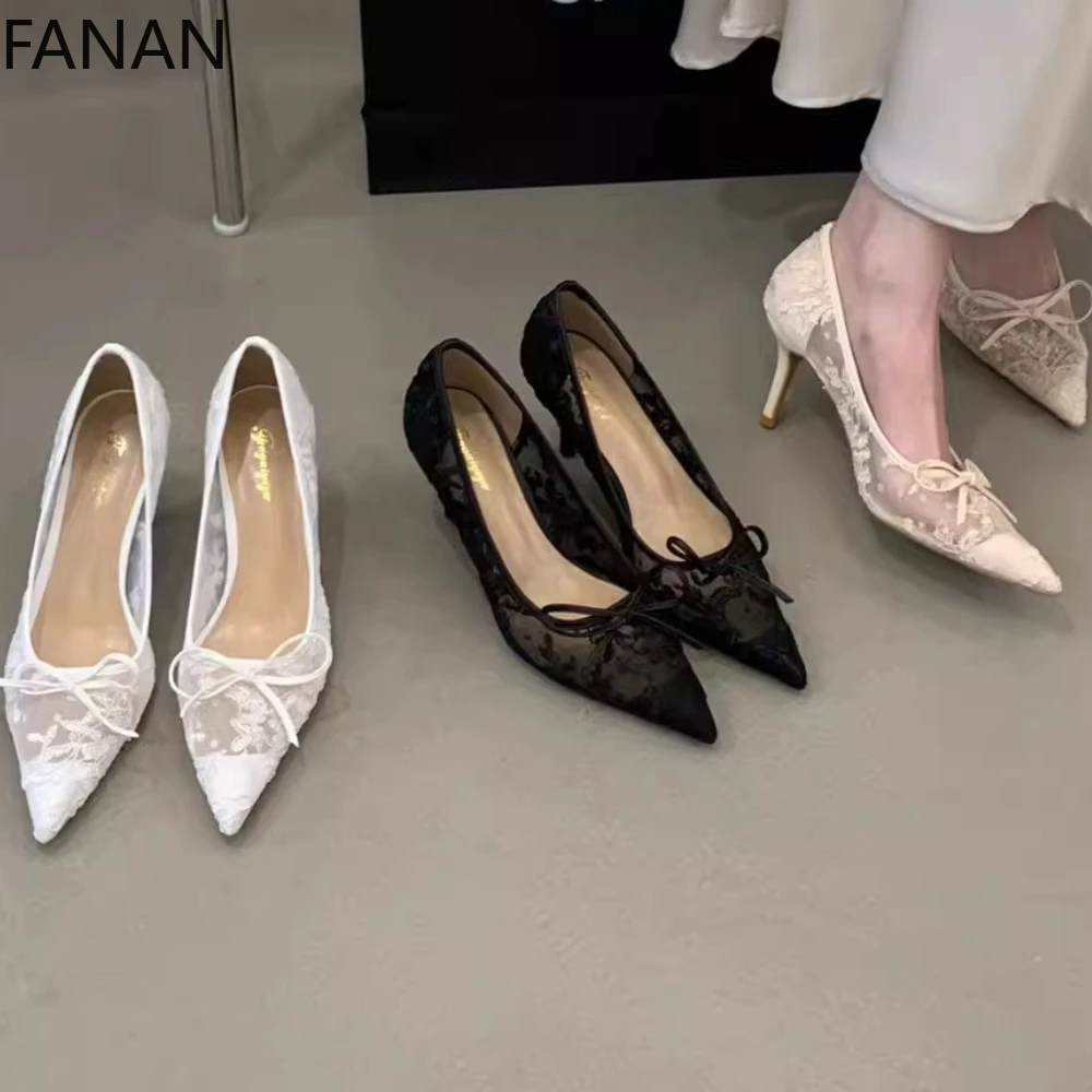 Lace Mesh Women's Shoes Breathable Mid Heel Pumps Pointed Toe Embroider Sexy Plaid High Heels 8cm Black Sandals