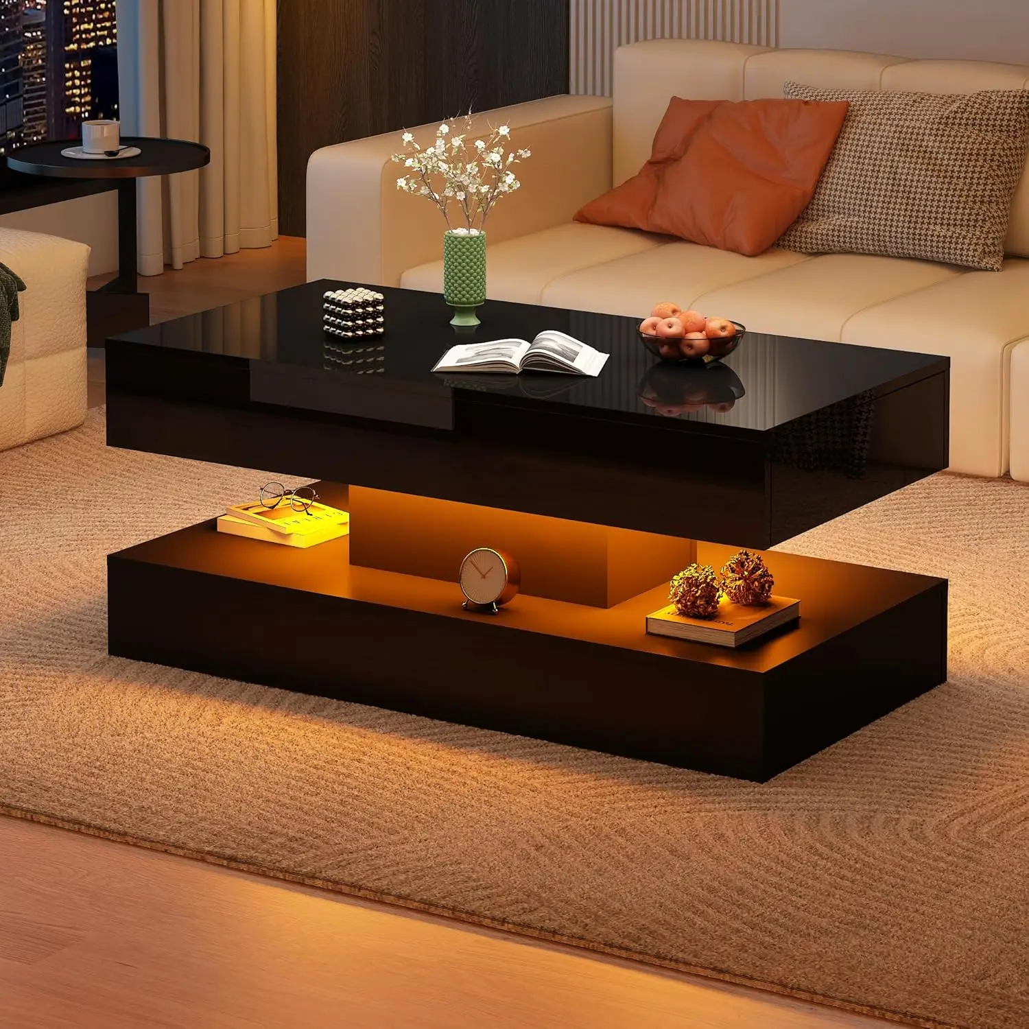 

39.37in High Gloss LED Coffee Table 2 Storage Drawers Modern Living Room Furniture Black White Customized