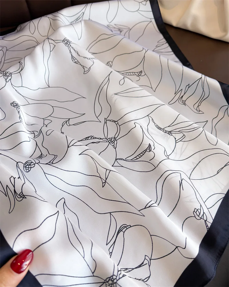 Luxuriöser quadratischer Schal mit floralen Linienzeichnungen für Damen, Seidenschals, Damen-Bandanas, Hijab, Halstuch, eleganter Schal für Reisen – Detail 11