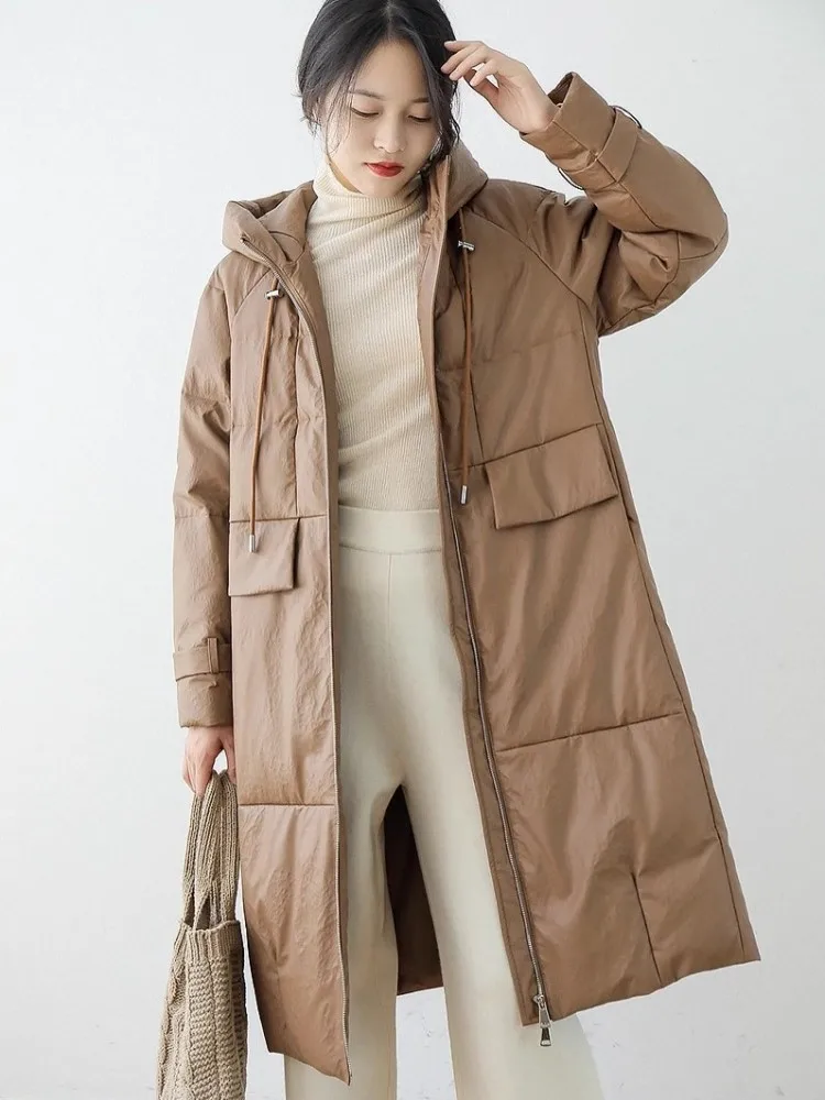 Genuine Leather Women Down Coat Winter Warm Hooded Overcoat Long Sleeve Straight Casual Windbreakers Real Sheepskin Long Jacket