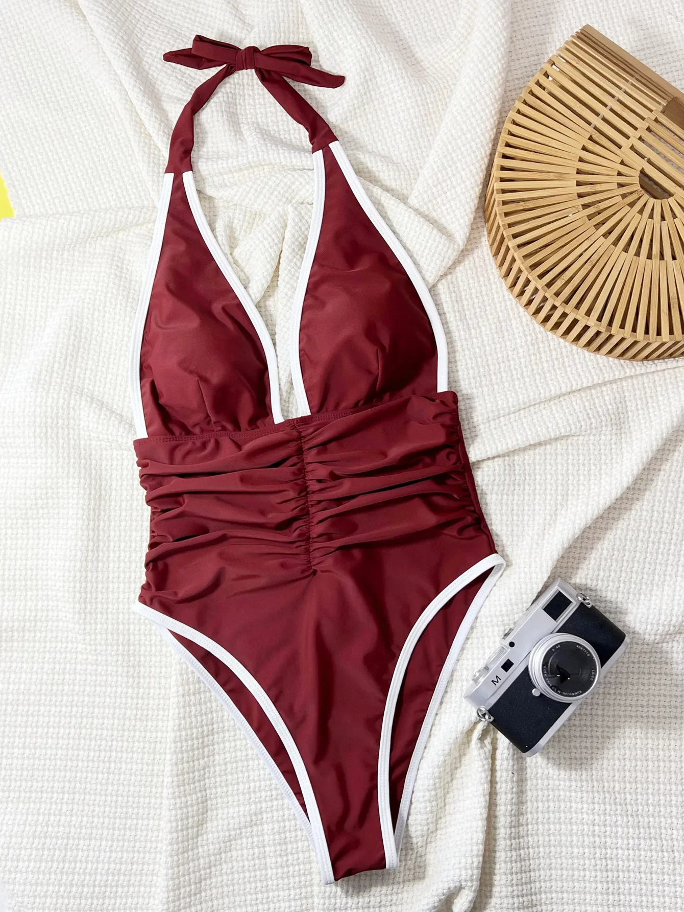 Seksowny wino czerwony patchwork głęboki dekolt w serek strój kąpielowy jednoczęściowy bikini halter stroje kąpielowe bez pleców body damskie biquini kostiumy kąpielowe