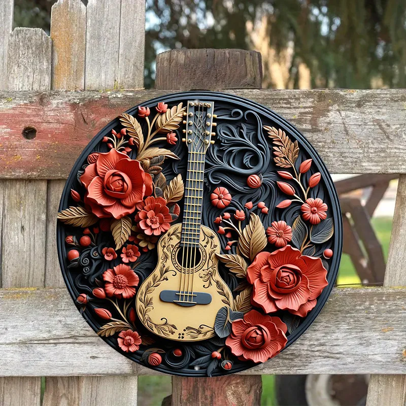 3D Relief Guitar & Floral Design Aluminum Artwork, Waterproof Wall Decor, Pre-Drilled - Metal Round Sign for Home, Office, Cafe