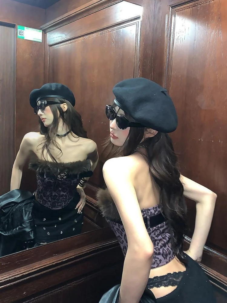 

One Shoulders Leopard Print Tops Women Gothic Grunge Y2k Fur Collar with Belt Vest Korean Fashion Design 2000s Aesthetic Clothes