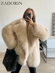 ZADORIN Korean Style Winter Warm Coat Women Mid Length Lapel Loose Faux Fox Fur Coat Luxury Overcoat Fluffy Fur Jacket Tops