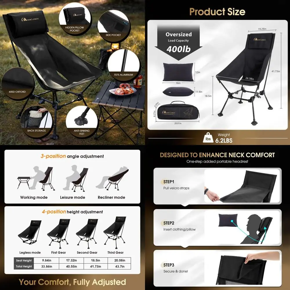 

Oversized High Back Camping Chair with Pillow for Adults, Height Adjustable Folding Camping Chair with 400 lbs Capacity, Hidden
