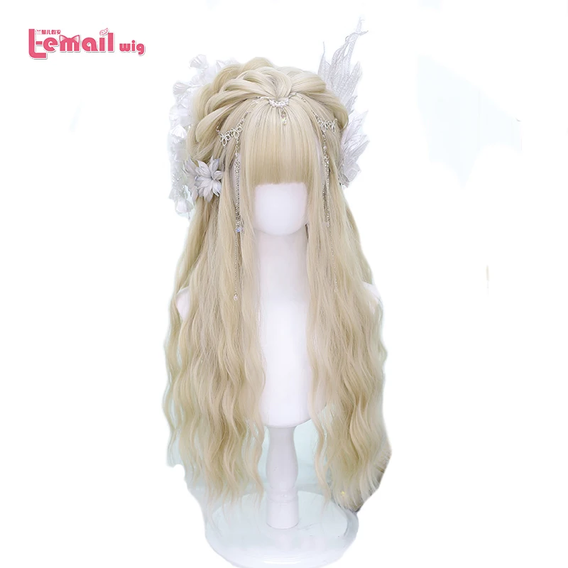 L-email wig Synthetic Hair Blonde Lolita Wigs Women's Long Wavy With Bangs 65cm 25.6inches Wig Kawaii Heat Resistant Party Wigs