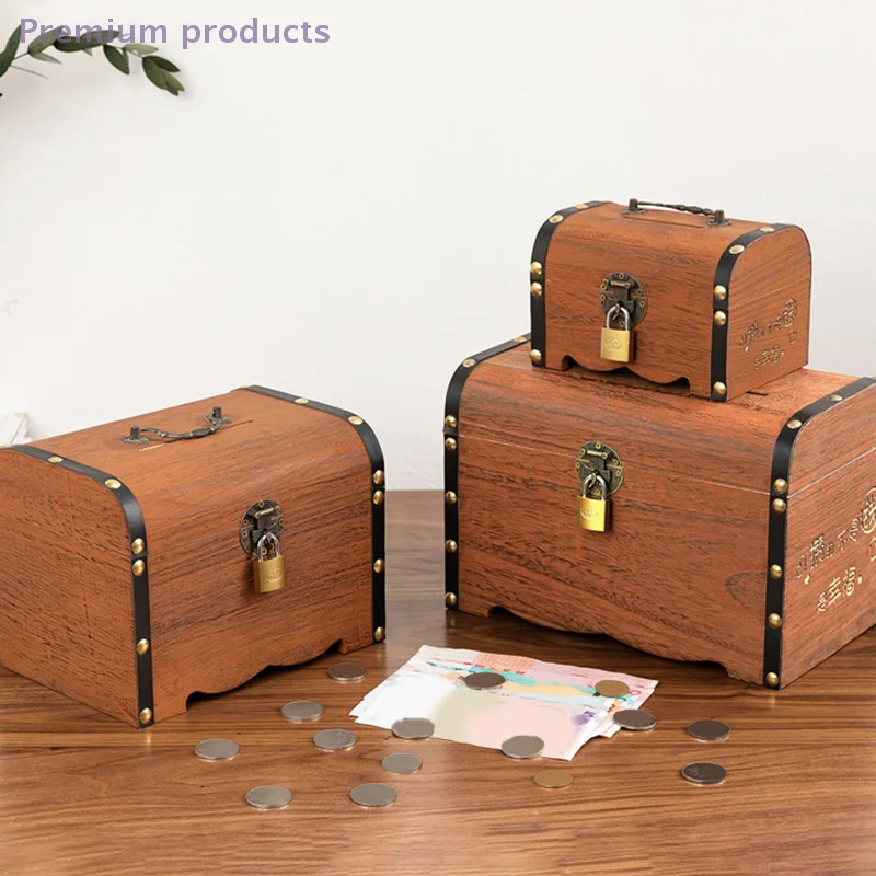 Antique Wooden Storage Chest with Lock, Treasure Box for Home Decoration, Piggy Bank Organizer Case