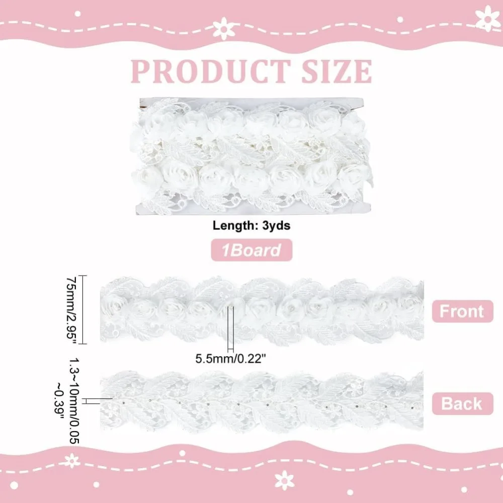 3 Yards White Embroidery Lace Trim Polyester Lace Ribbon Floral Leaves Trim Imitation Pearls Wedding Applique Princess Style