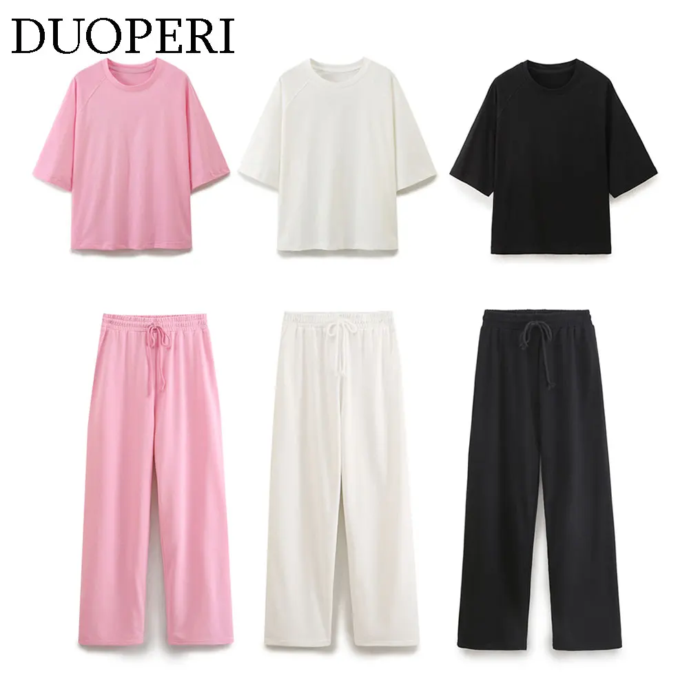 DUOPERI Women Fashion 2 Pieces Sets Solid Loose T-Shirt and High Elastic Waist Trousers Female Chic Lady Casual Pant Coordinates