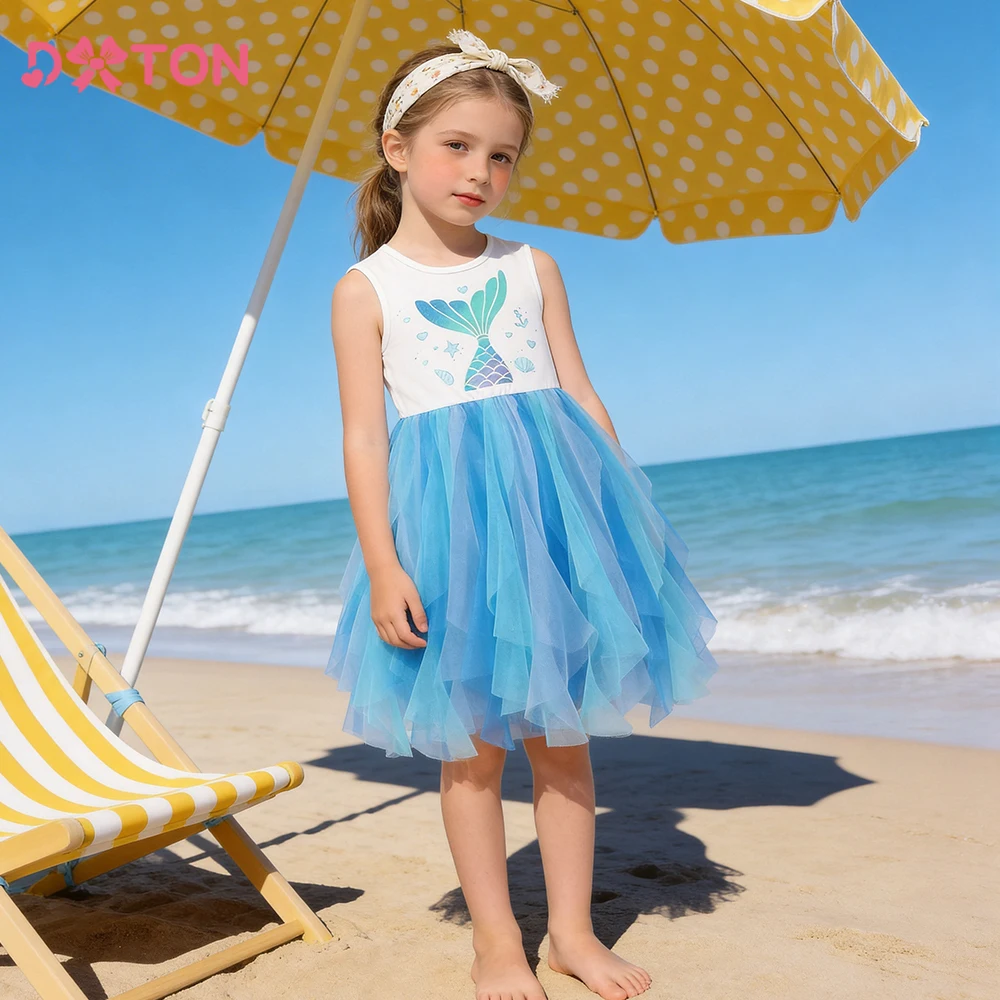 

DXTON Toddler Princess Dress Summer Children Holiday Outfits Sleeveless Girls Dress Mermaid Cotton Mesh Patchwork Kids Clothing