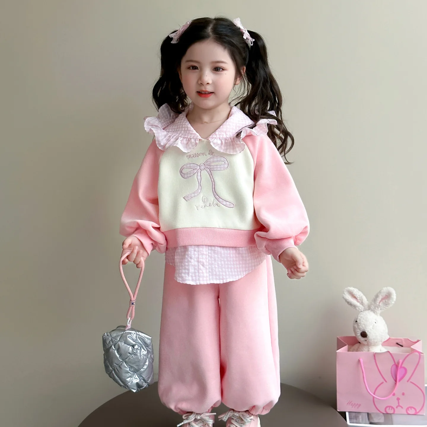 

Children's Clothing 2025 Autumn New Collection Girls' Hooded Bow Grid Top Solid Color Pants Two Piece Set