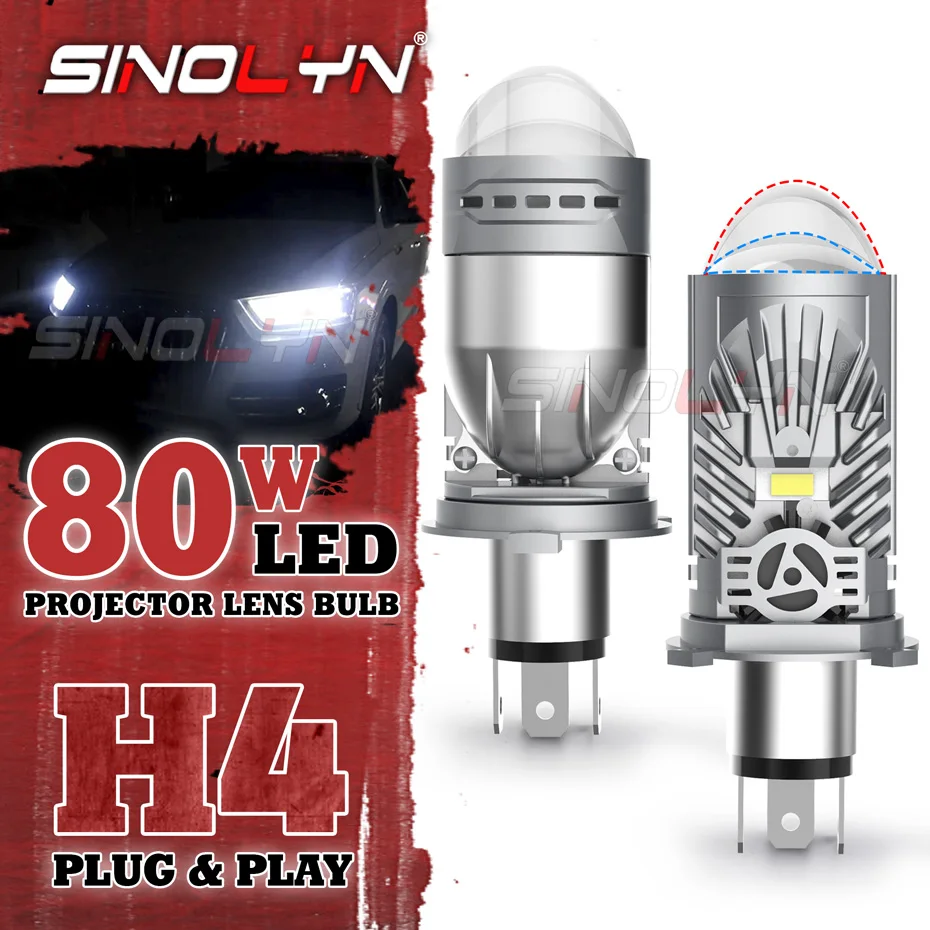 Sinolyn Mini H4 LED Lamp For Headlights 9003 HB2 Bi LED Dual Lenses Canbus Projector Plug&Play 80W Motorcycle Car Replace Bulbs