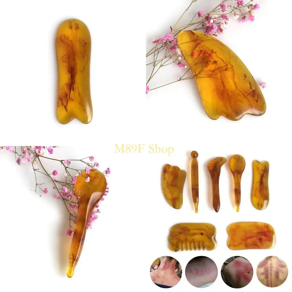 

M89F 7pcs/Set Натуральная смола янтарная массаж Соскоение для лица Gua sha Sha Sca Scraper Massager Therapy Acupoint Acupressure