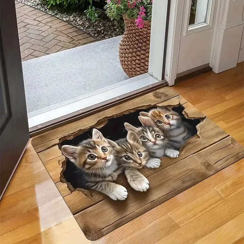 2D Wooden Hole with Four Cats Protruding Soft Pad Cartoon Cat Entrance Door Mat Bathroom Kitchen Anti Slip Mat