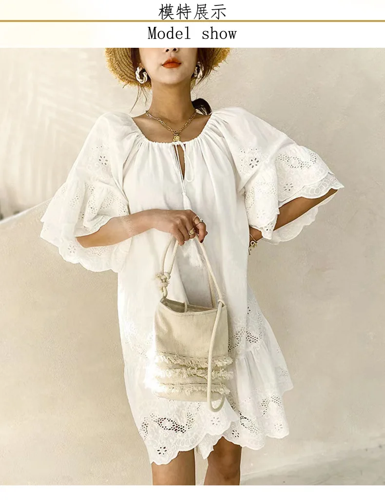 2024 Spring Summer Short Dress Solid Color Cotton Loose Waist White Lace Pullover Vacation Style Dress
