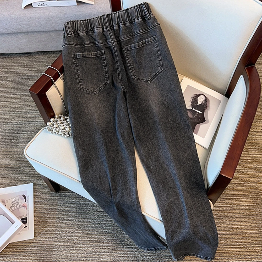 Plus Size 7XL 170kg Women Denim Pants High Elastic Waist Jeans Trousers Pockets Thin Slim Ladies Ankle Length Loose Trousers