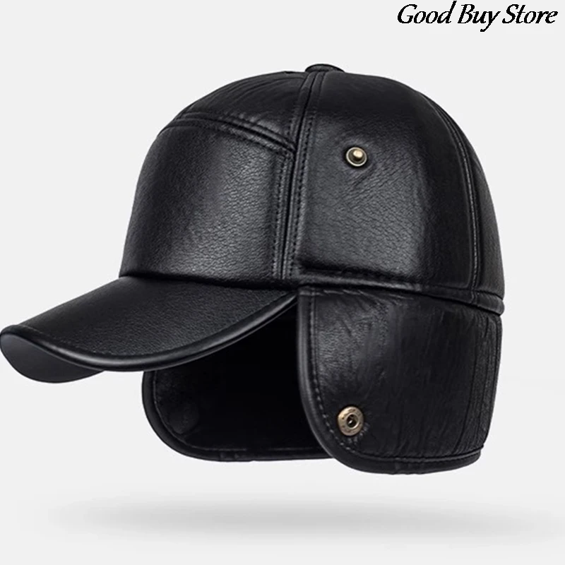 Leather Fur Snapback Caps with Earmuffs Ear Protection Bomber Hats Men Winter Baseball Hat Warm Visors Casquette Fishing Skiing