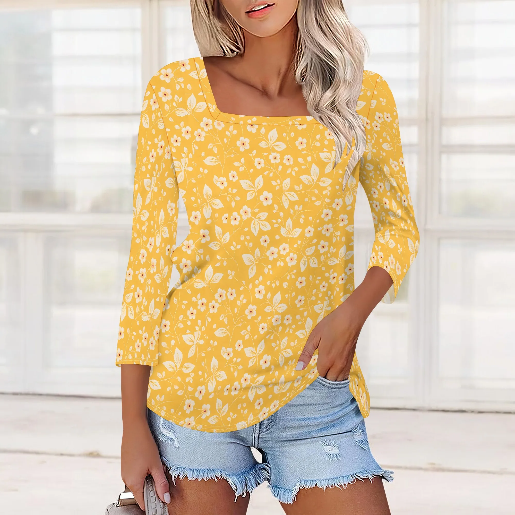 สตรี 3/4 แขน V คอเสื้อ T ฤดูร้อนเสื้อลําลอง Basic Tees