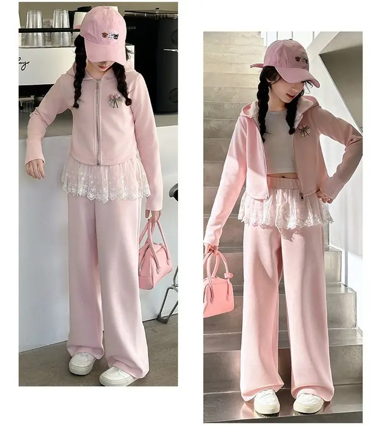 

Girls' Fashionable and Unique Hooded Sweatshirt Jacket with Sweet Lace Trim and Wide-Leg Pants Two-Piece Set for Spring and Autu