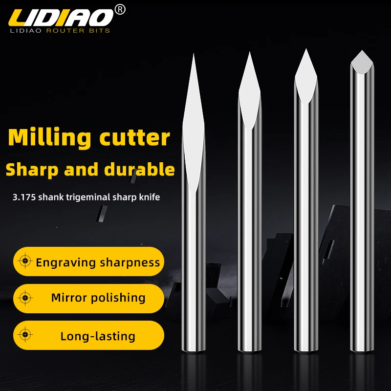 LIDIAO 3.175mm 3 Edge Engraving Bit CNC Router Bit 3D Milling Tip 0.1mm 20/30/45/60/90 Degrees PCB End Mill Woodworking tools