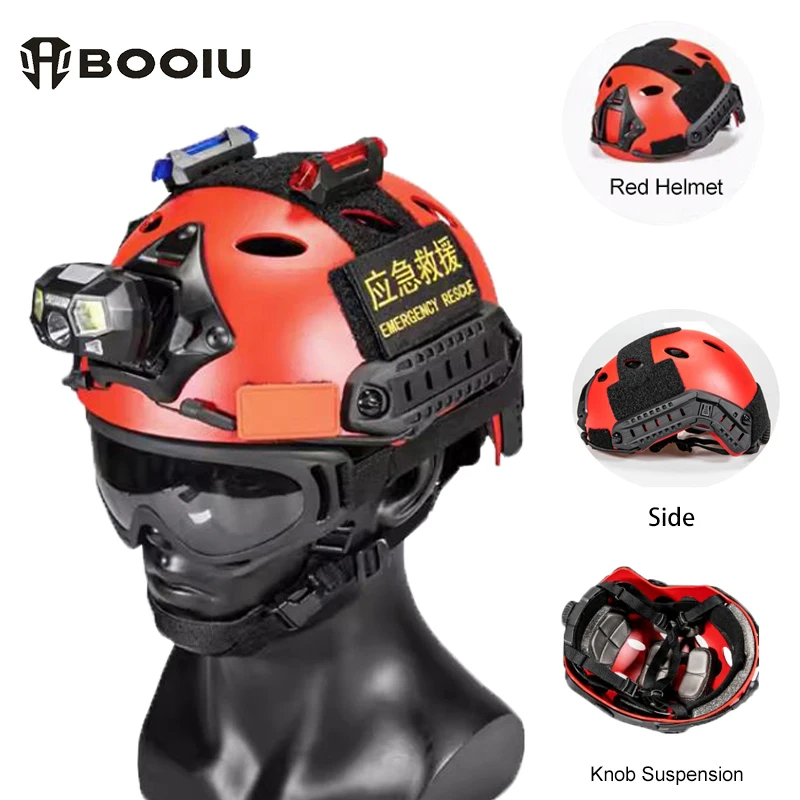 BOOIU Red Tactical Helmet PJ Hole Lightweight Adjustable Emergency FAST Helmet Multi Functional Rescue Flood Professional Gear