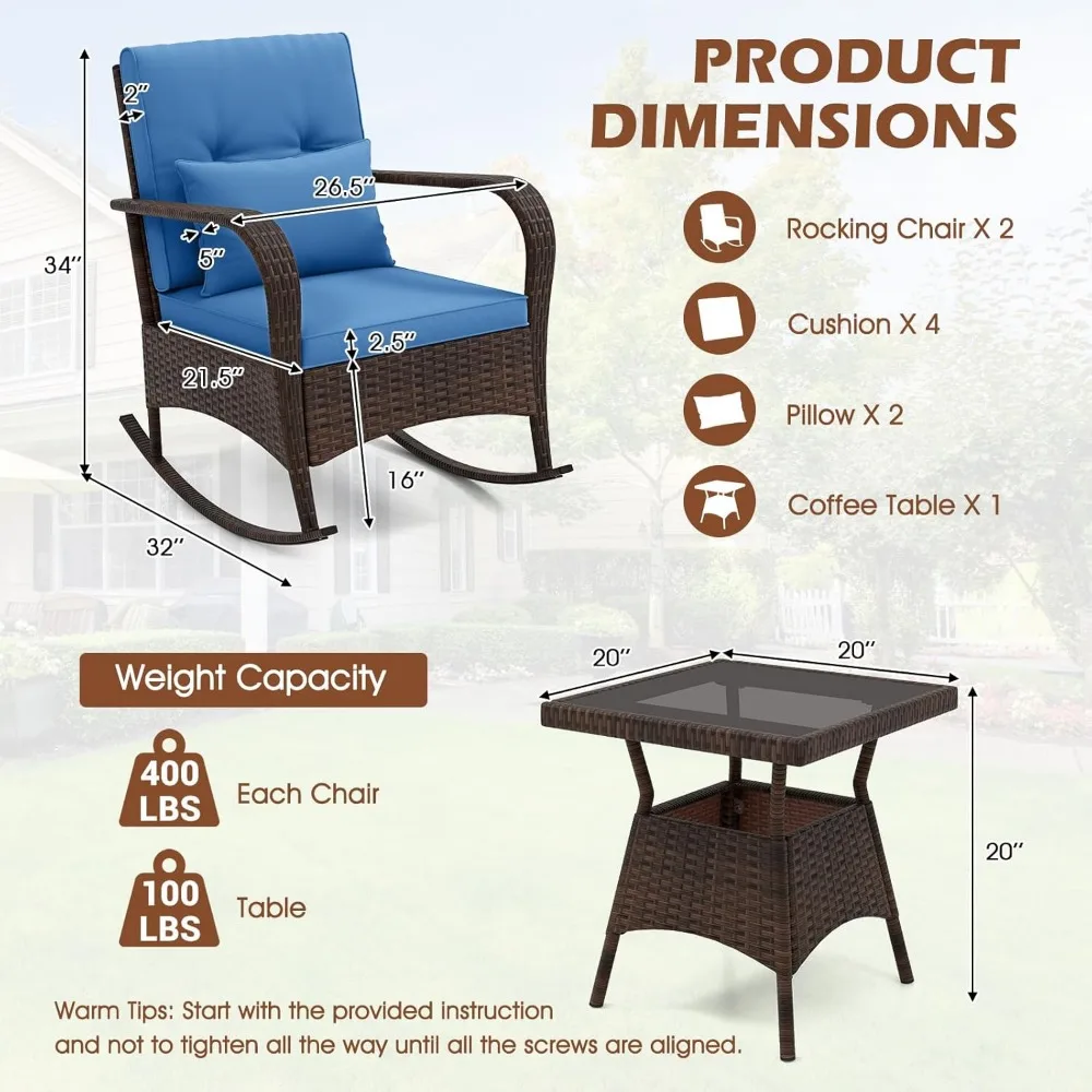 3 Pieces Patio Furniture Set, Outdoor Wicker Rocking Chairs with Cushions, Pillows, Glass Coffee Table, Rattan Bistro