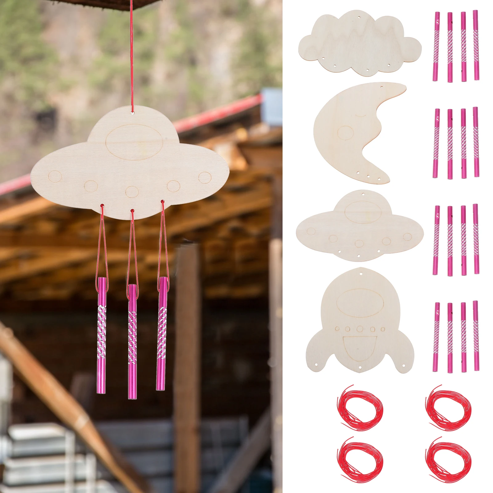 

4Sets DIY Wood Wind Chime Kit Creative Craft Painting for Kids Clouds Moon Spaceship Rocket Unfinished Ornaments