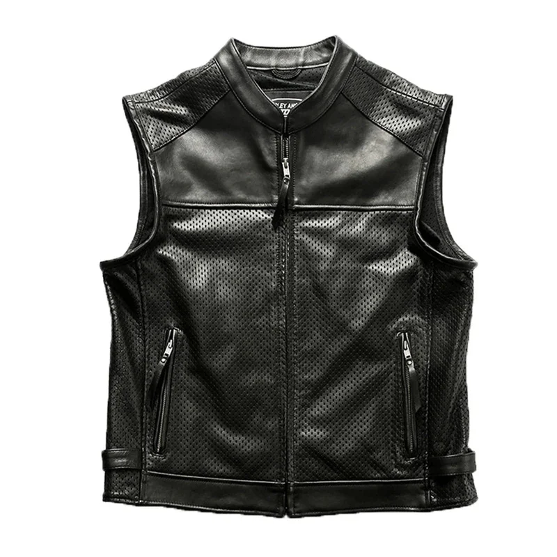 

men's Summer mesh breathable thickened cowhide vest hollow perforated zipper rock casual biker leather undershirt classic coat