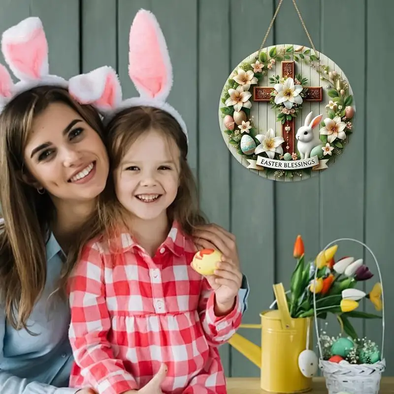 Easter Door Decorations Easter Blessing Wooden Wall Sign 20cm Round Plate Dangling Decoration Bunny With Colorful Eggs Decor For