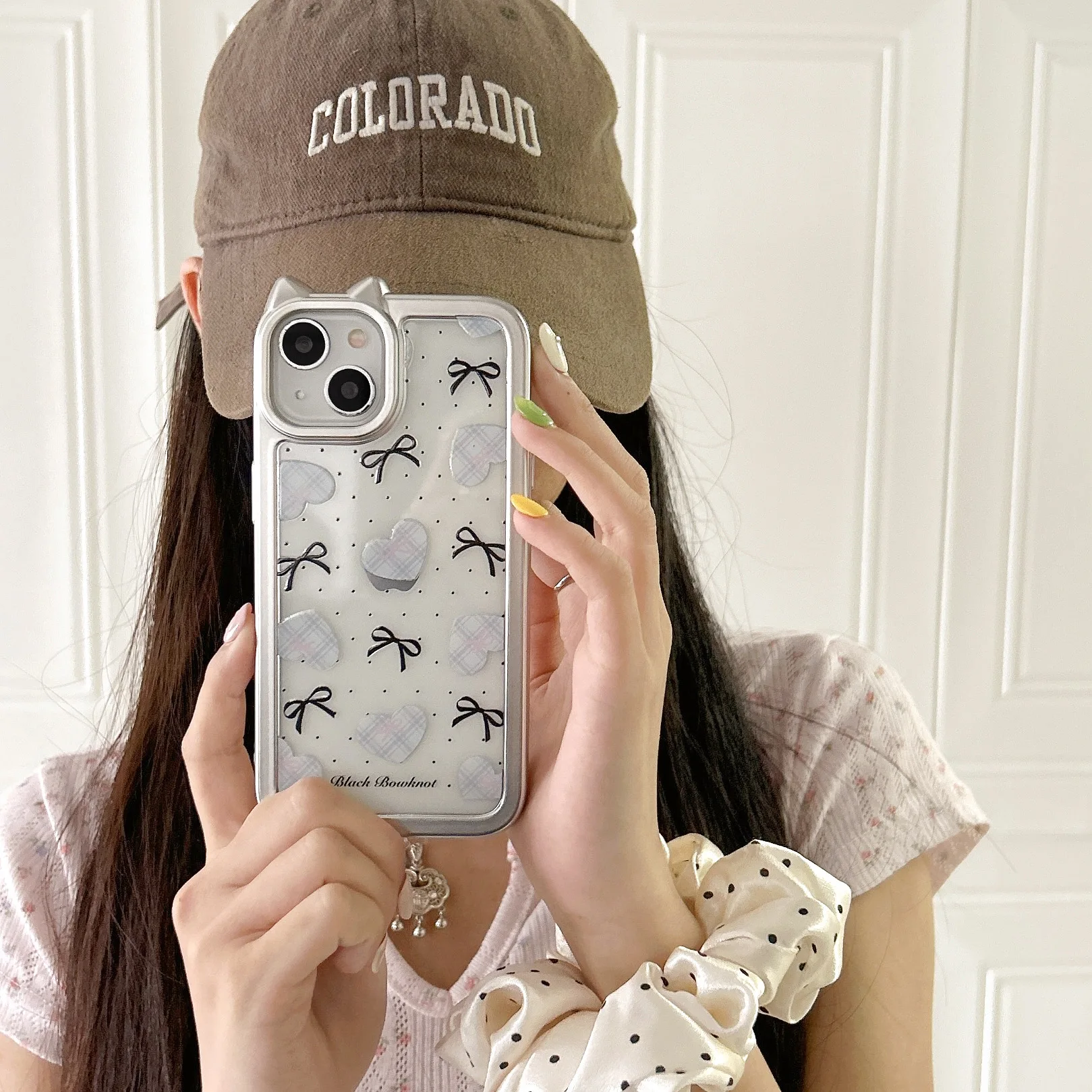 Wróżka retro kokardka Kocie uszy sztuka przezroczyste Etui na telefon do iPhone'a 15 14 13 12 11 Pro Max Etui Cute Sweet silvery frame luxury Cover