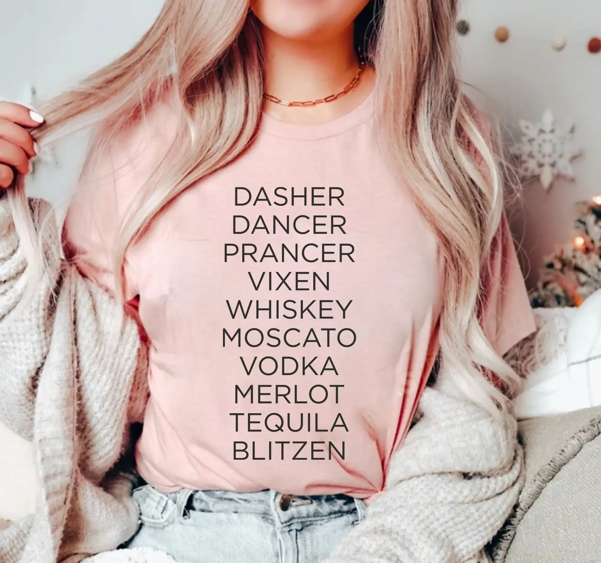 Drinking Christmas T Shirt Holiday Party Funny Dasher Dancer Prancer Vixen Moscato Vodka Tequila Blitzen