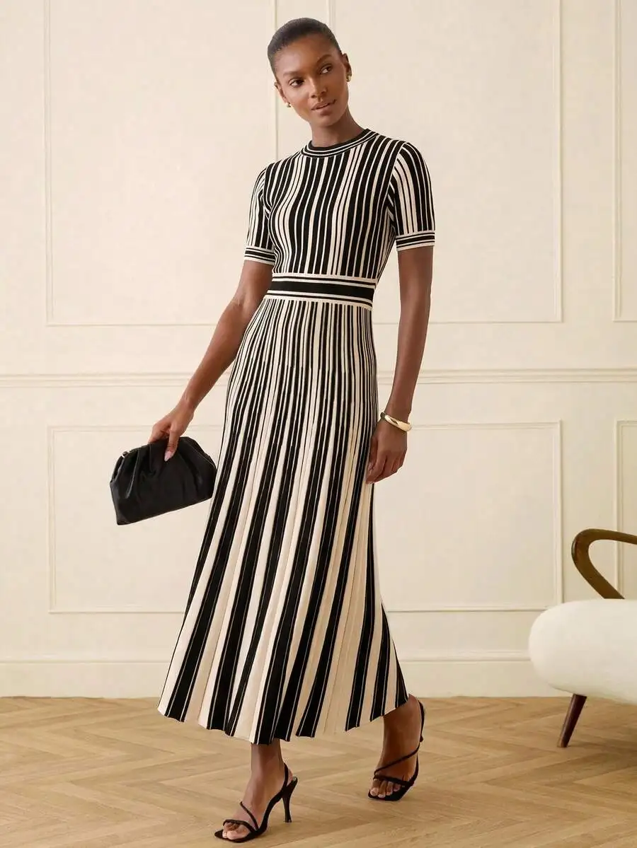 

Ivory And Black Vertical Stripe Knit Maxi Dress For Women, High Stand Collar, Short Puffed Sleeves, Cinched Waist, Pleated