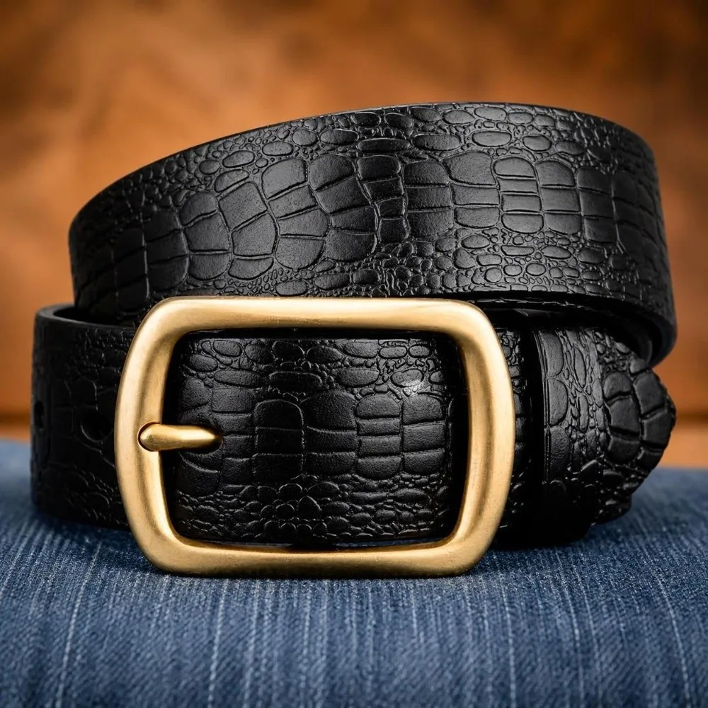 Embossed Texture Faux Leather Belt Alloy Pin Buckle Adjustable Crocodile Grain Belt Casual Durable Stitching Dress Belt For Men