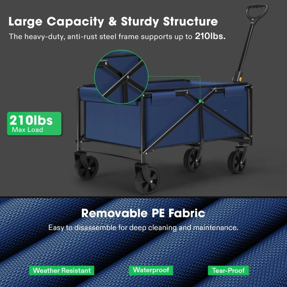 Collapsible Folding Wagon, Outdoor Utility with All-Terrain Wheels, Adjustable Handle, Cup Holders & Side Pockets, for Camping