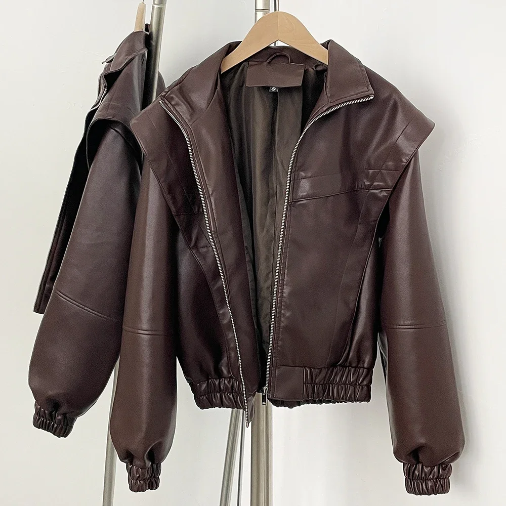 Venta al por mayor, chaqueta de piel sintética para mujer, nueva ropa superior de primavera y otoño, abrigo corto de piel sintética a la moda para mujer, abrigo marrón corto para mujer