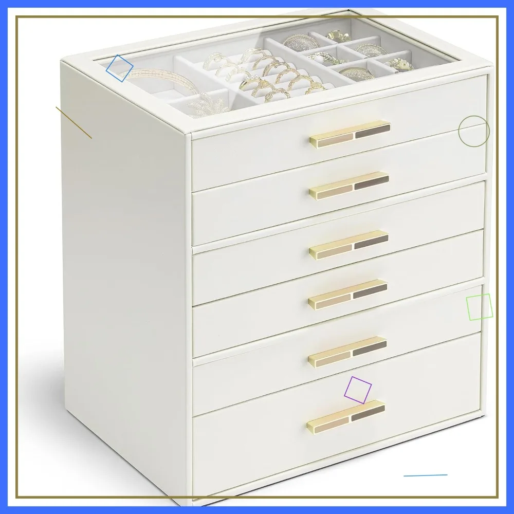 

6-Layer Glass Lid Jewelry Organizer with Drawers for Necklaces, Rings, Earrings, Bracelets in Cloud White