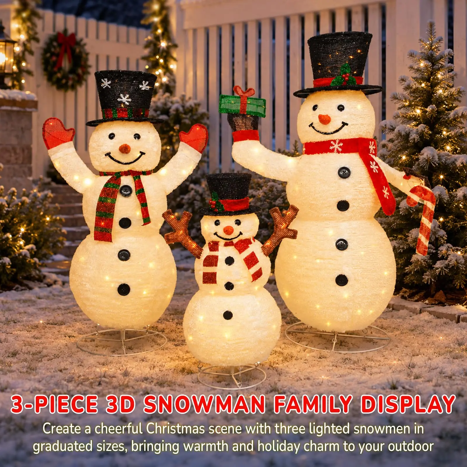 3.7 FT Collapsible Pop-Up 3D Snowman Family Set, 3-Piece Lighted Outdoor Christmas Snowman Decorations with 250 Warm