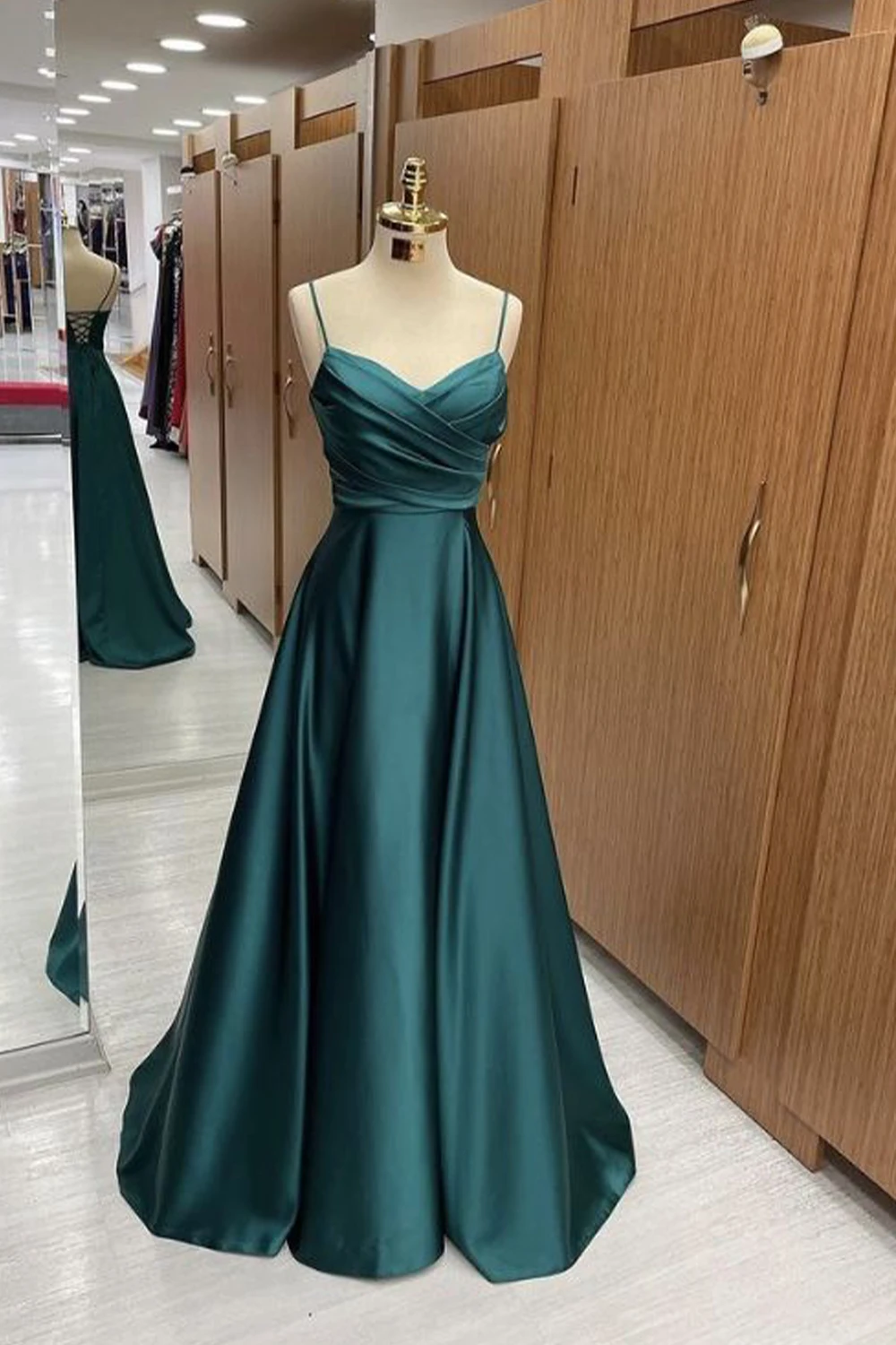 2024 Women's V-Neck Satin Spaghetti Strap Prom Dress Pleated Slit Ball Gowns Backless Lace-up Floor-Length Formal Evening Dress