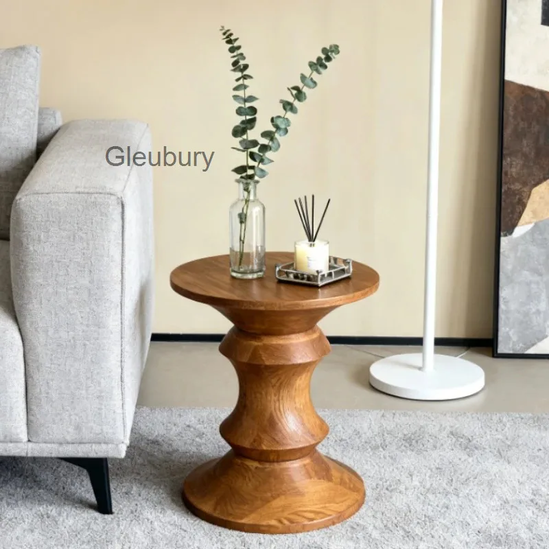 Table d'appoint en bois massif moderne, table d'appoint cylindrique pour salon, meuble en bois de style rétro avec sculptures uniques