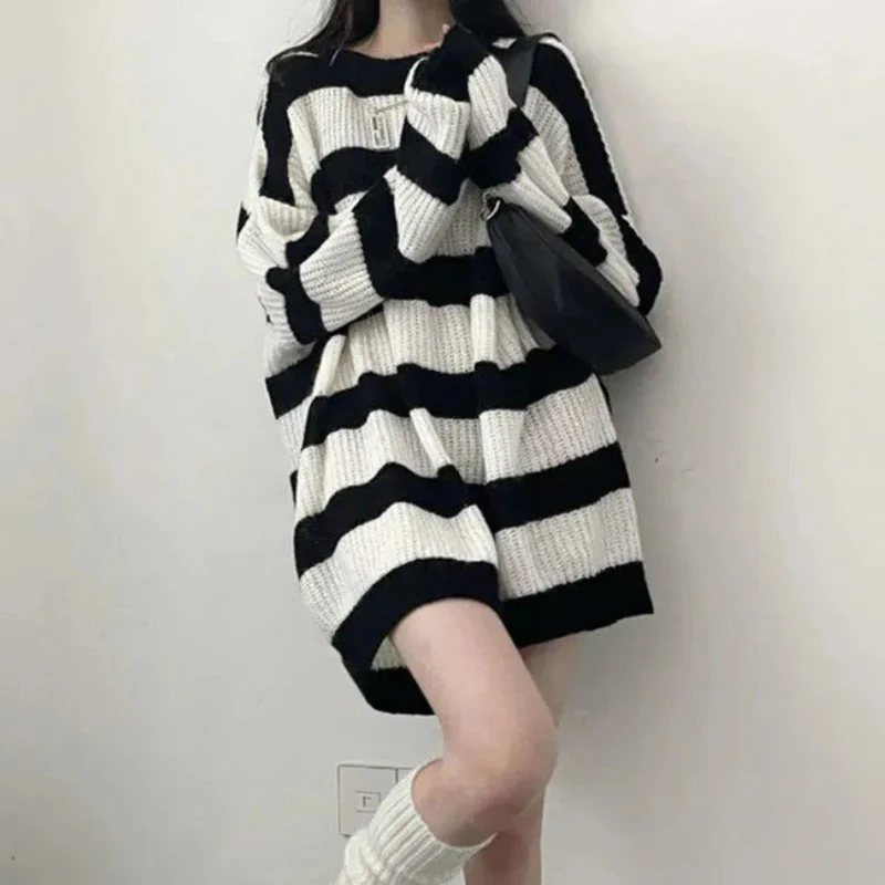 Sweaters Stripes Knitted Women Vintage Harajuku Loose Jumper Pullover Autumn Winter Streetwear Casual Long Sleeve Straight Top