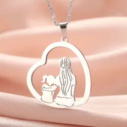 LIKGREAT Beautiful Girl Mom Necklace Love Heart Pendant Stainless Steel Mother Daughter Jewelry Choker Gift for Family Mom Gift