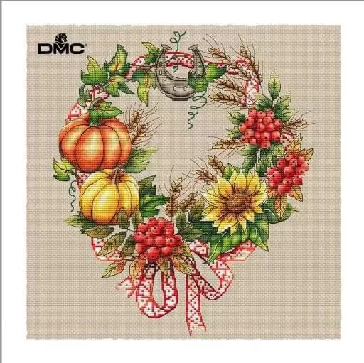 Cross Stitch Kit for DIY Handmade Home Decor, Birds on a Teapot Bouquet, Fabric Cloth, Cotton -7- Autumn Harvest Wreath 34-38