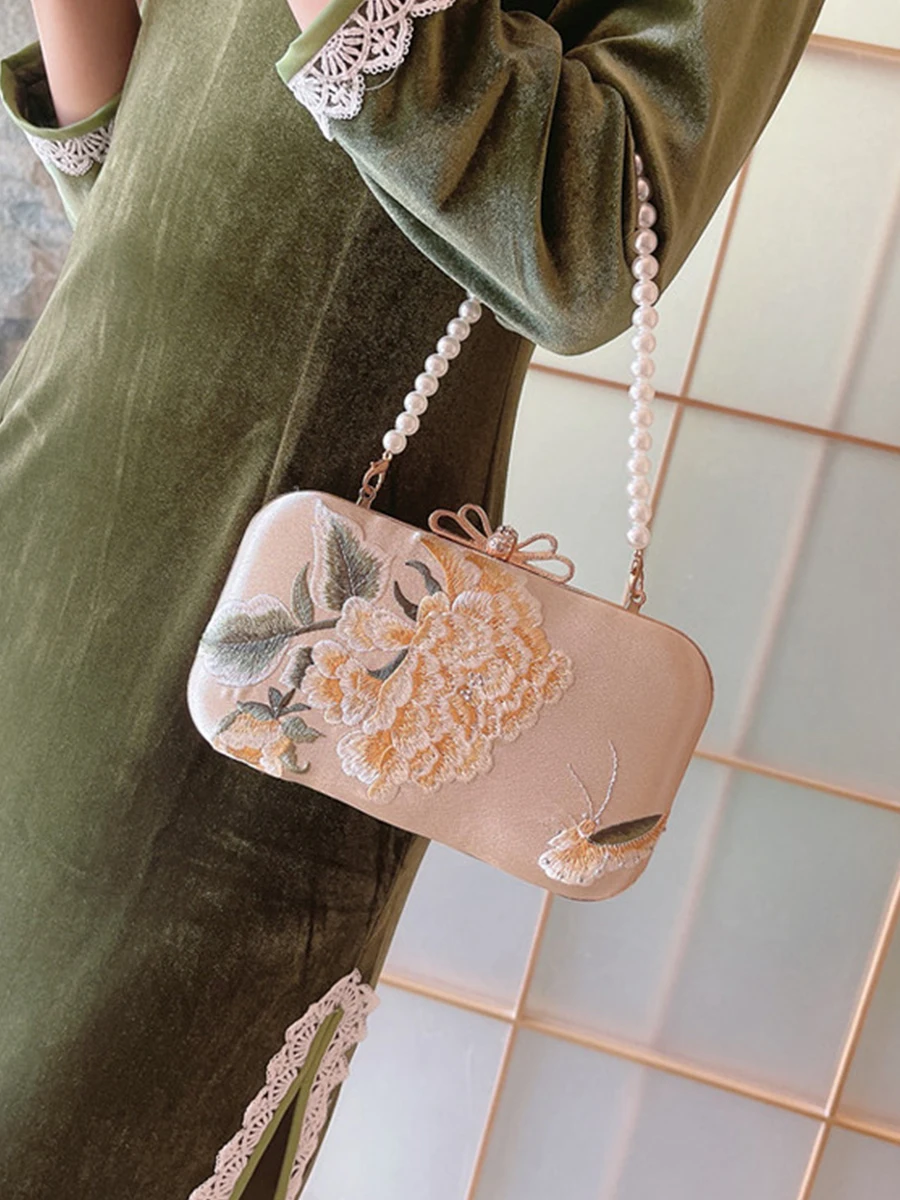 Golden Peony Handbag Cheongsam Handbag Small Square Embroidery Bag Banquet Wedding Bag Clutch Purses For Women Evening