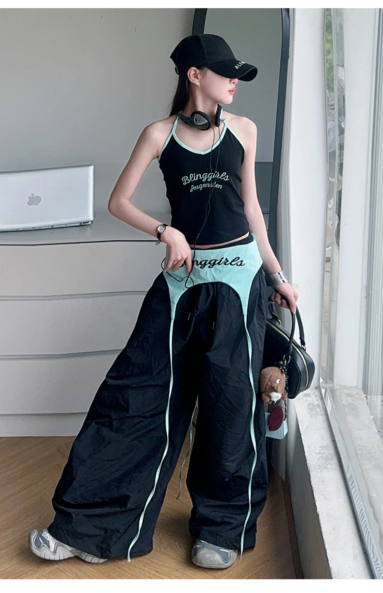 กางเกงพาราชูทผู้หญิง สไตล์อเมริกัน ผ้ากำมะหยี่ทรงหลวม สำหรับเต้นรำ กิจกรรมกลางแจ้ง สไตล์กรันจ์ แฟชั่นฮาโลวีน ลายปะติด