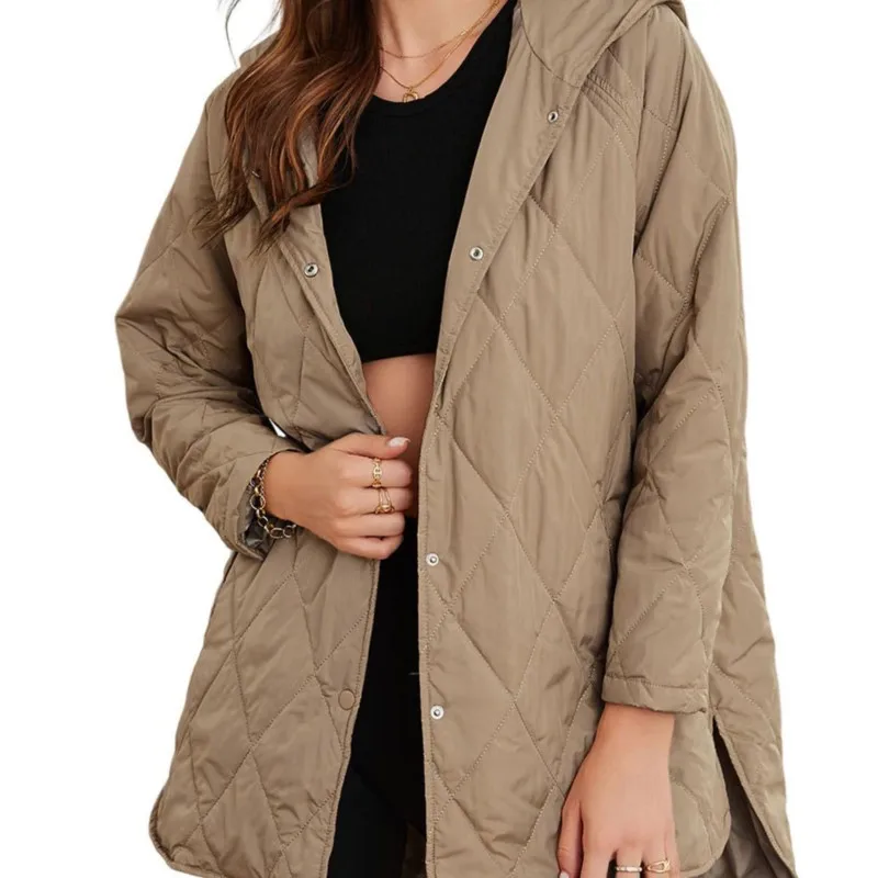 Cappotto da donna con cappuccio regolabile caldo e allentato, maniche lunghe, monopetto, prese d'aria laterali sull'orlo, giacca con tasca, cappotto nuovo chic primaverile