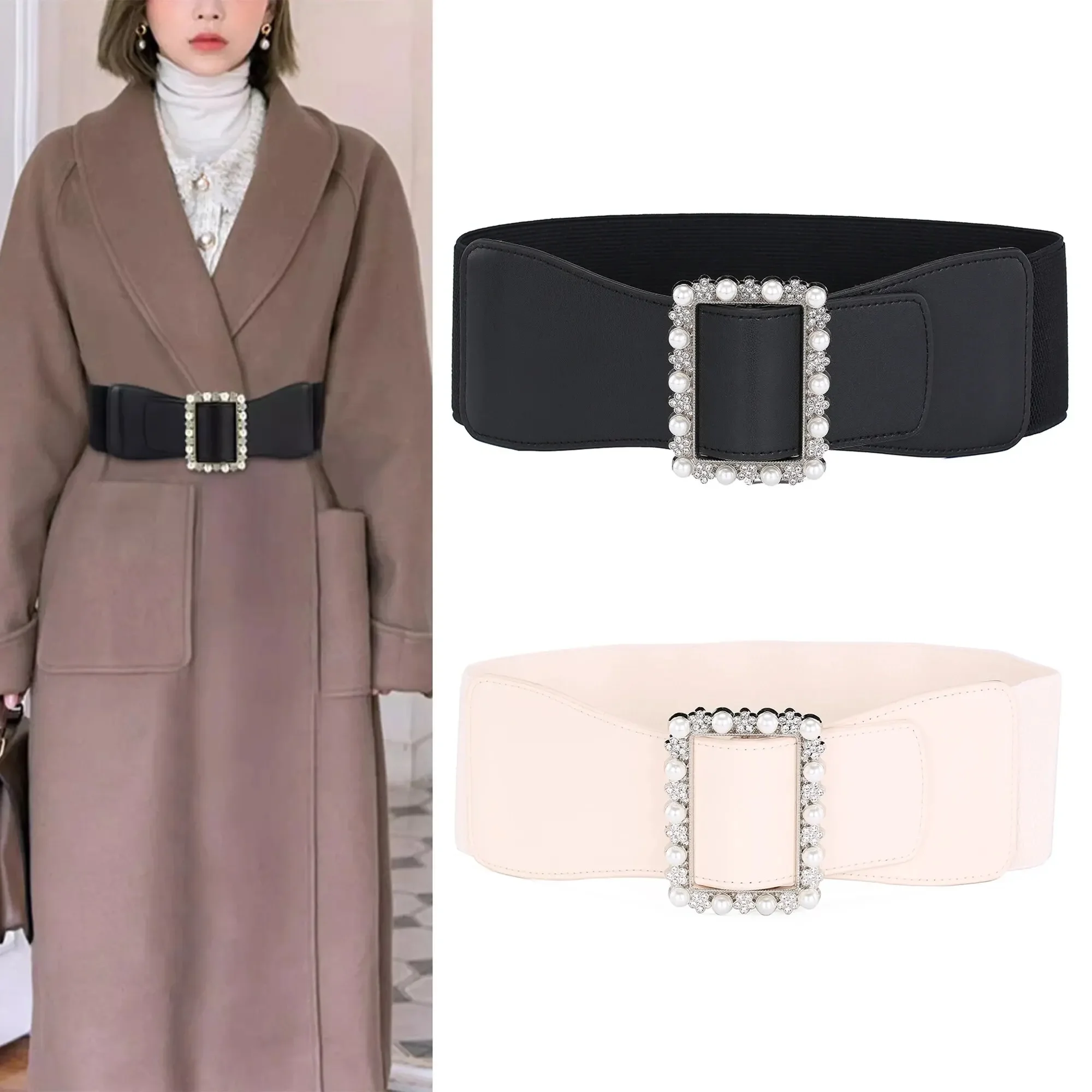 1pc Cintura da donna Cintura modellante con fibbia di perle alla moda Cintura elastica elastica versatile Cintura in vita larga in pelle PU con abito Coa