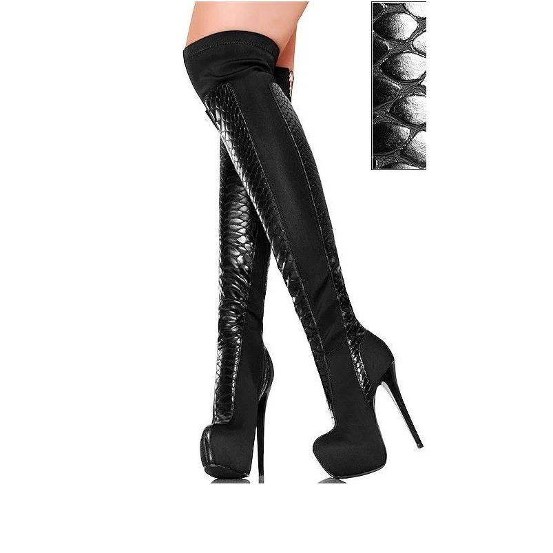 블랙 패치워크 오버니하이 부츠 얇은 하이힐 포인티드 토 패션 섹시 2025 겨울 큰 사이즈 여성 신발