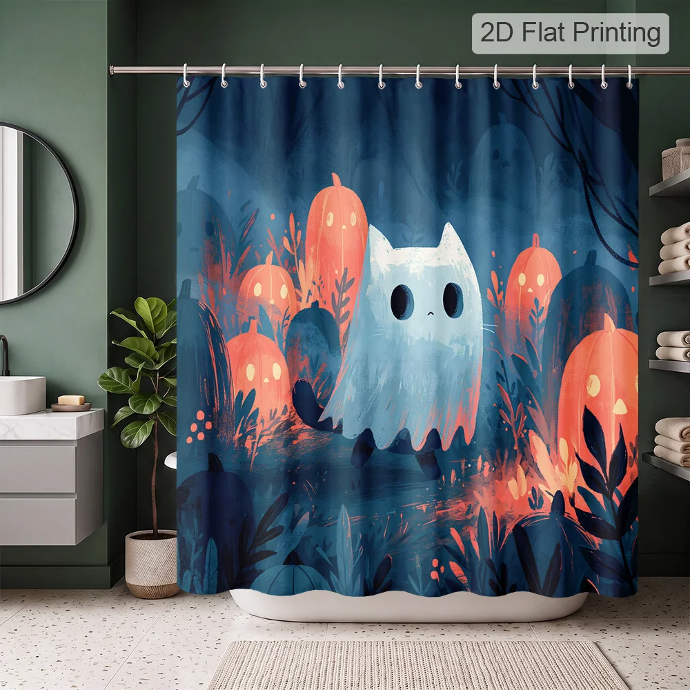 Cute Ghost and Pumpkin Halloween Shower Curtain Waterproof Bathroom Decor Fun Spooky Season Print