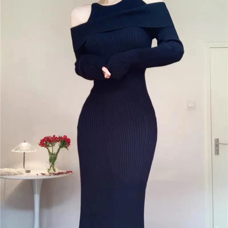 Autumn Winter Pure Desire Style Knitted Off Shoulder One Shoulder Women's Clothing Coat with Fishtail Skirt Underneath Dresses